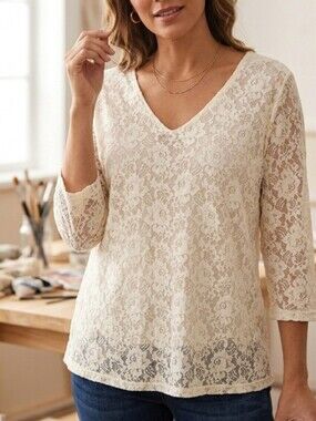 Motto Lace Top Shirt V-neck 3/4 Sleeves Womens XL